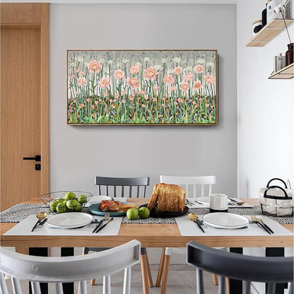 Large Framed Country Living Room Wall Art, Modern Pink And Green Wildflower Canvas Artwork, Natural And Idyllic Landscape Print Picture For Bedrooms, Dining Rooms, Offices, And Studies. 48X24 Inches.