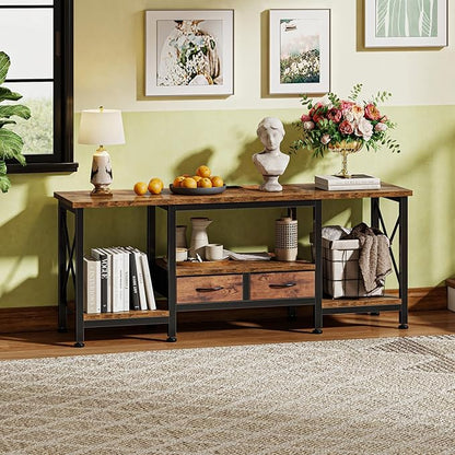 DUMOS 55” TV Stand with Power Outlets, Entertainment Center for TVs Up to 65 Inches, Industrial Media Console with Fabric Drawers & Open Shelves, Rustic Brown TV Table for Living Room, Bedroom