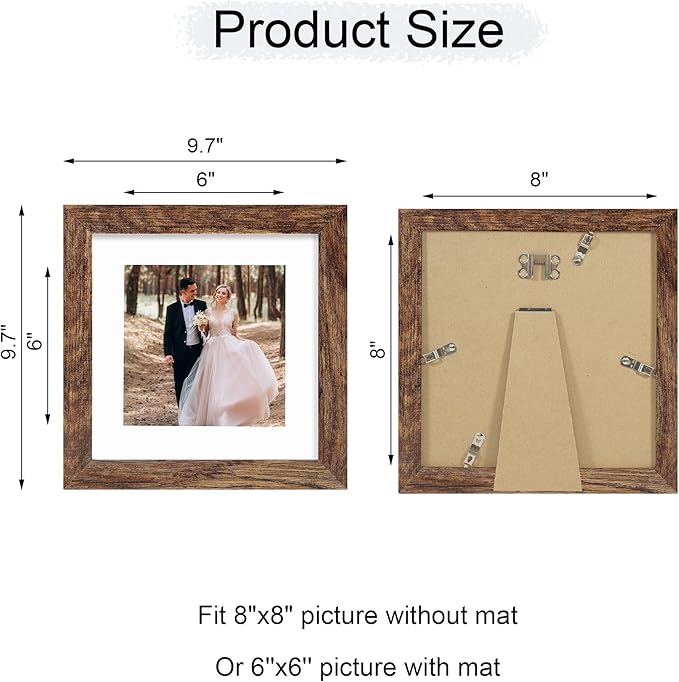 iRahmen 8x8 Picture Frame with Mat 6x6 - High Definition Real Glass Wooden Photo Frames for Tabletop Display and Wall Mounting (Brown, Set of 2)