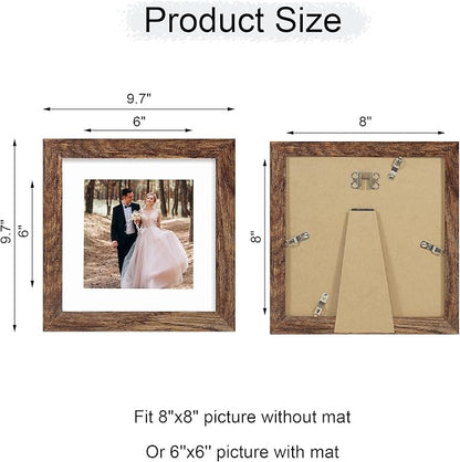 iRahmen 8x8 Picture Frame with Mat 6x6 - High Definition Real Glass Wooden Photo Frames for Tabletop Display and Wall Mounting (Brown, Set of 2)