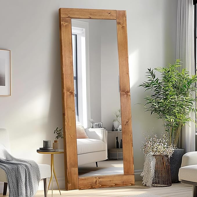 Full Length Mirror 65"x24" – Solid Wood Frame, HD Tempered Glass, Wall Mounted & Leaning, Rustic Modern Decor for Bedroom, Living Room, Entryway, Light Brown