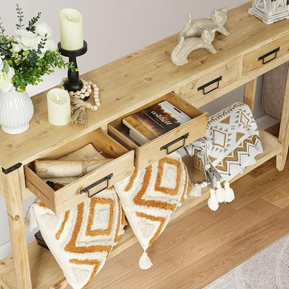 RUSTOWN Farmhouse Console Table with 4 Drawer, 60" Long Rustic Entryway Table with Open Storage Shelves and Handmade Metal Handle, Narrow Foyer Sofa Table for Living Room, Entryway, Hallway(Natural)
