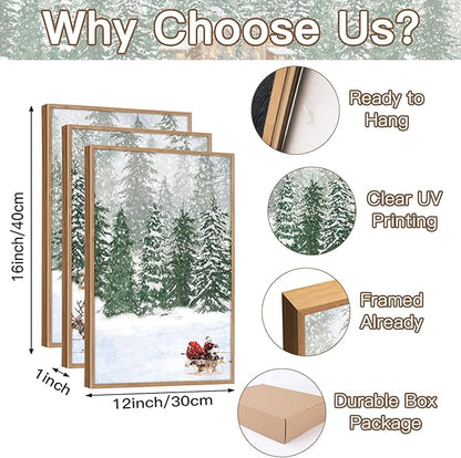 CHDITB Santa Claus Reindeer Sleigh Framed Canvas Wall Art(12"x16"), 3 Panels Christmas Winter Holiday Artwork Prints, Large Rustic Xmas Gift Snow Scene Forest Landscape Decor for Home Office Bedroom
