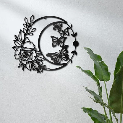 CREATCABIN Moon Rose Metal Wall Art Decor Black Butterfly Wall Hanging Decor Art Hanging Silhouette Ornament for Modern Farmhouse Rustic Home Office Garden Hotel Decoration 11.8x10.2Inch