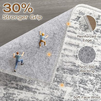 Runner Rug Non-Slip Kitchen Rug: 3x8 Washable Abstract Modern Soft Stain Resistant Indoor Floor Neutral Accent Throw Carpet for Hallway Bathroom Laundry Room Bedroom Entryway- Grey