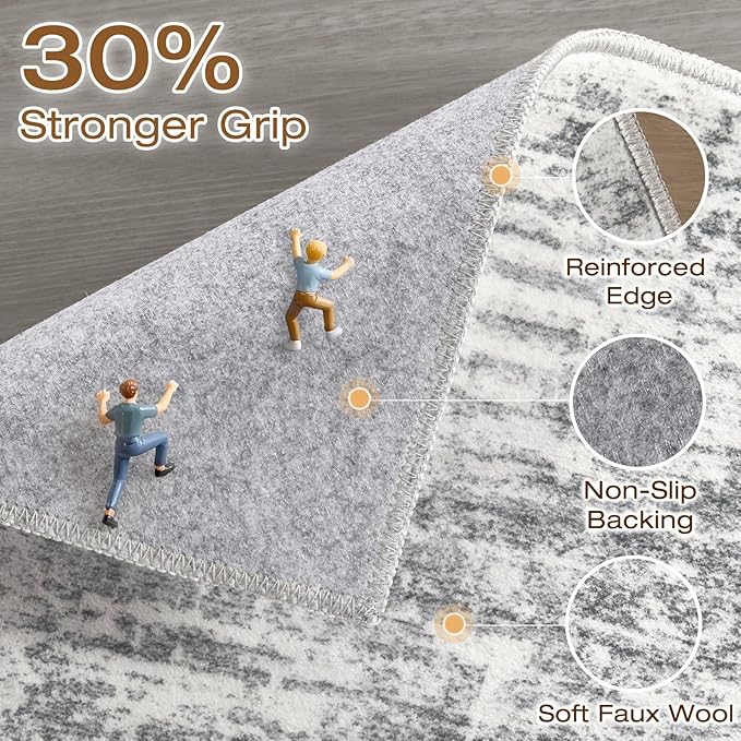 Runner Rug Non-Slip Kitchen Rug: 3x10 Washable Abstract Modern Soft Stain Resistant Indoor Floor Neutral Accent Throw Carpet for Hallway Bathroom Laundry Room Bedroom Entryway- Grey