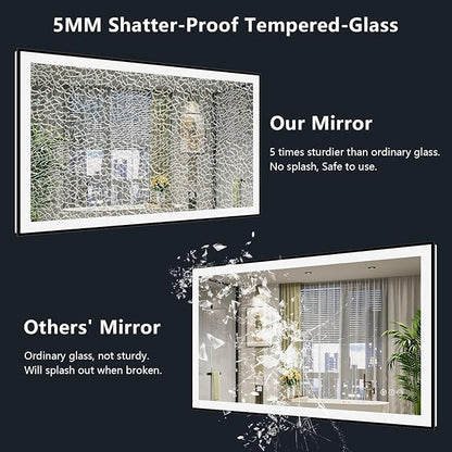 55x40 Inch LED Bathroom Mirror with Lights (Front Lit and Backlit) Black Framed Lighted Vanity Mirror for Bathroom Wall Dimmable Anti-Fog Memory Tempered Glass Horizontal/Vertical