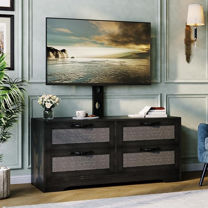 GarveeHome 4 Drawer Dresser TV Stand with Mount, XXX Inch Rattan Entertainment Center for TVs Up to 70 Inch, Farmhouse Wooden Media Console for Living Room, Bedroom, Black