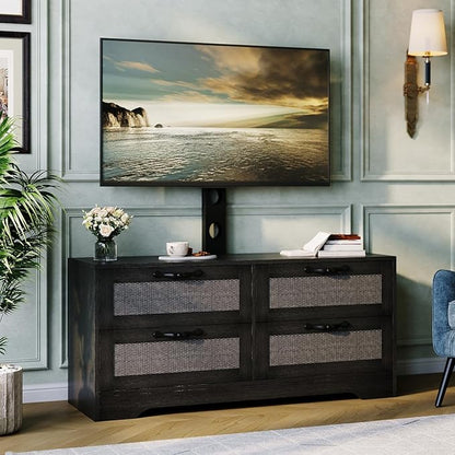 GarveeHome 4 Drawer Dresser TV Stand with Mount, XXX Inch Rattan Entertainment Center for TVs Up to 70 Inch, Farmhouse Wooden Media Console for Living Room, Bedroom, Black