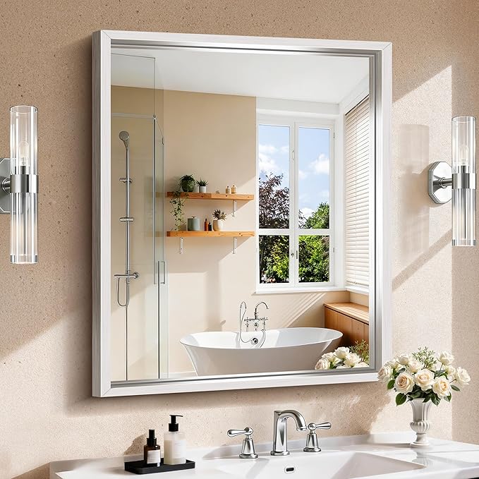 CIRCUMI 30"x36" Brushed Silver Mirror with Chunky Box Metal Frame, Bathroom Mirror for Vanity Remodel & New Home, Living Room, Entryway, Rectangular Wall Mirror, Tempered Glass, Vertical or Horizontal