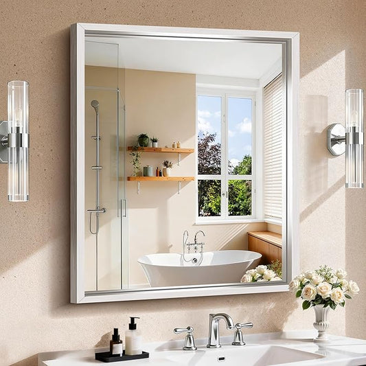 CIRCUMI 30"x36" Brushed Silver Mirror with Chunky Box Metal Frame, Bathroom Mirror for Vanity Remodel & New Home, Living Room, Entryway, Rectangular Wall Mirror, Tempered Glass, Vertical or Horizontal
