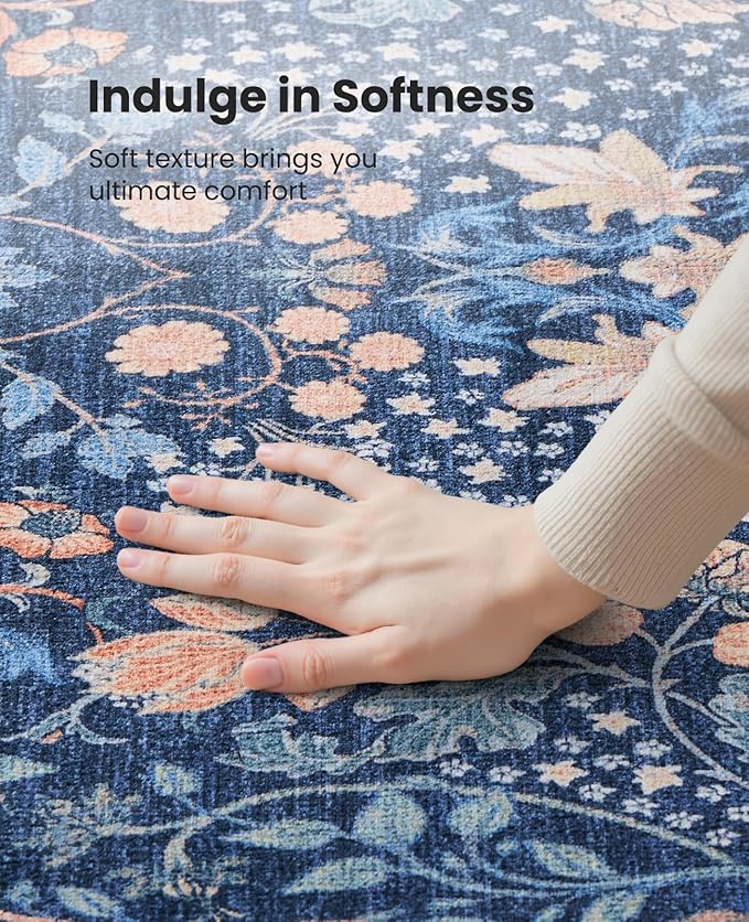 AMADA HOMEFURNISHING Large Area Rugs 9x12, Washable Floral Rug with Non-Slip Backing & Low Pile, Durable Edge Biding, Vintage Soft Floral Rug for Living Room, Bedroom and Dining Room