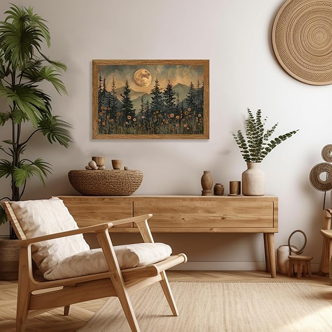 JLTULT Framed Vintage Moon Forest Canvas Wall Art, Moonlight Pine Tree Flower Wall Decor, Woodland Wildflower Picture Prints Artwork for Bedroom Living Room Office Decoration 20x30 inch Easy to Hang