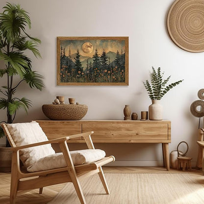JLTULT Framed Vintage Moon Forest Canvas Wall Art, Moonlight Pine Tree Flower Wall Decor, Woodland Wildflower Picture Prints Artwork for Bedroom Living Room Office Decoration 20x30 inch Easy to Hang