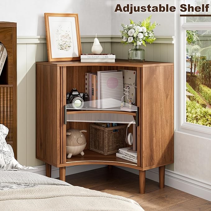 Fluted Corner Cabinet, Small Corner Floor Cabinet with Sliding Doors and Adjustable Shelves, Modern Wooden Freestanding Narrow Storage Organizer for Small Space,Living Room, Dining Room, Bathroom