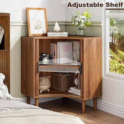 Fluted Corner Cabinet, Small Corner Floor Cabinet with Sliding Doors and Adjustable Shelves, Modern Wooden Freestanding Narrow Storage Organizer for Small Space,Living Room, Dining Room, Bathroom