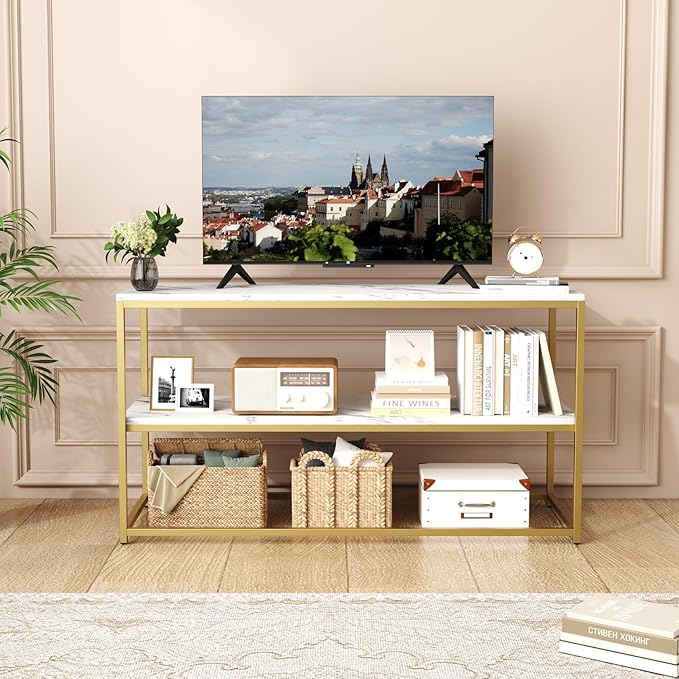 Function Home TV Stand for TVs up to 50 Inch, 2 Tier Entertainment Center, Modern TV Cabinet with Marble Top and Gold Metal Base, 42" Media Console Table with Storage for Living Room Bedroom
