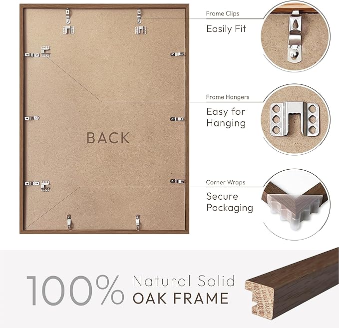 16x24 Wood Frame, Solid Oak 16x24 Poster Frames with Mat to 12x18(Openning Size is 11.7x17.7), Natural Oak 24x16 Frame, (Walnut Set of 1)
