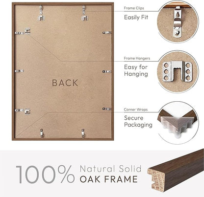 16x24 Wood Frame, Solid Oak 16x24 Poster Frames with Mat to 12x18(Openning Size is 11.7x17.7), Natural Oak 24x16 Frame, (Walnut Set of 1)