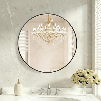 DUMOS 20 Inch Round Wall Mirror, Bathroom Mirror with Metal Frame, HD Reflection Shatterproof Glass Vanity Mirror, Decor for Bathroom Vanity Bedroom Entryway, Black