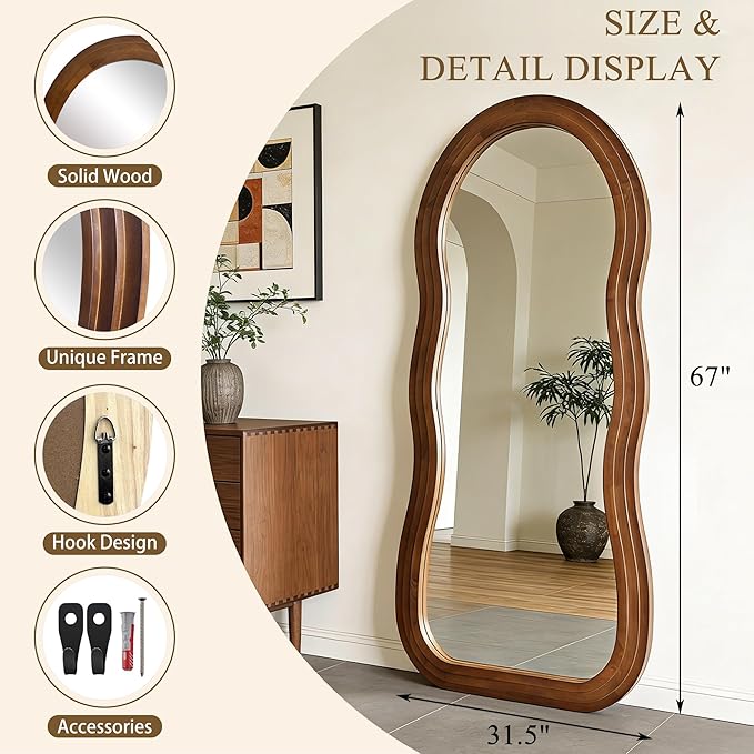Wavy Full Length Mirror, 67"x31.5" Large Irregular Aesthetic Mirrors with Triple Layer Solid Wood Frame, Premium Organic Floor Mirror for Living Room Entryway Hallway, Leaning/Hanging