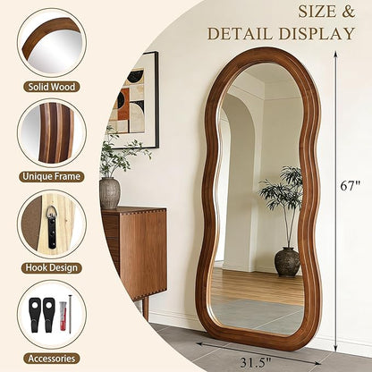 Wavy Full Length Mirror, 67"x31.5" Large Irregular Aesthetic Mirrors with Triple Layer Solid Wood Frame, Premium Organic Floor Mirror for Living Room Entryway Hallway, Leaning/Hanging