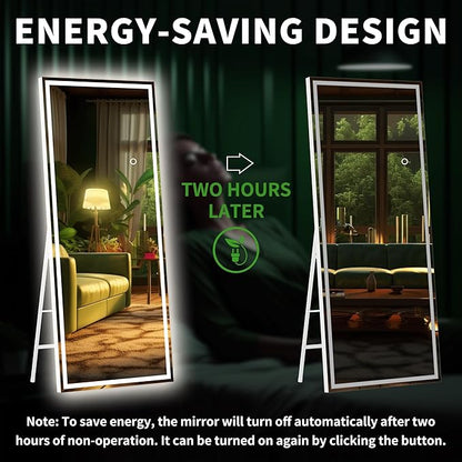 Hasipu Full Length Mirror with Lights, 67" x 22" LED Lighted Floor Standing, Full Body Dressing Hanging Mounted Mirror, Tempered Glass, Square White