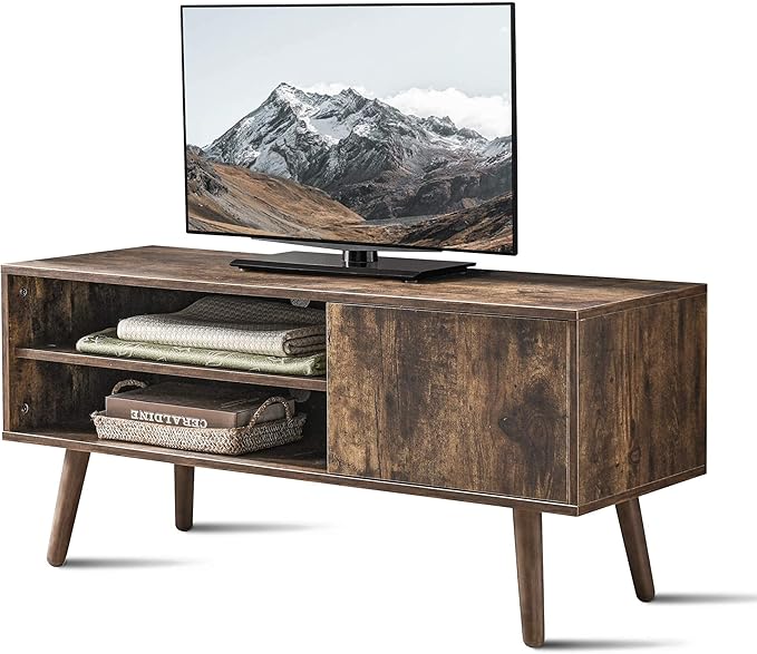 Cozy Castle TV Stand for 48-55 Inch TV, Mid Century Modern Entertainment Center with Storage Cabinet, TV Media Console with Charging Station for Living Room (Brown, 43.3" W x 15.7" D x 19.5" H)