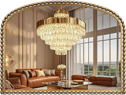 40x30 Inch Wide Arch Wall Mirror, Antique Gold Beaded Frame, Large Horizontal Mantel Mirror for Fireplace, Living Room or Sofa Wall, Decorative Wall Mounted Mirror