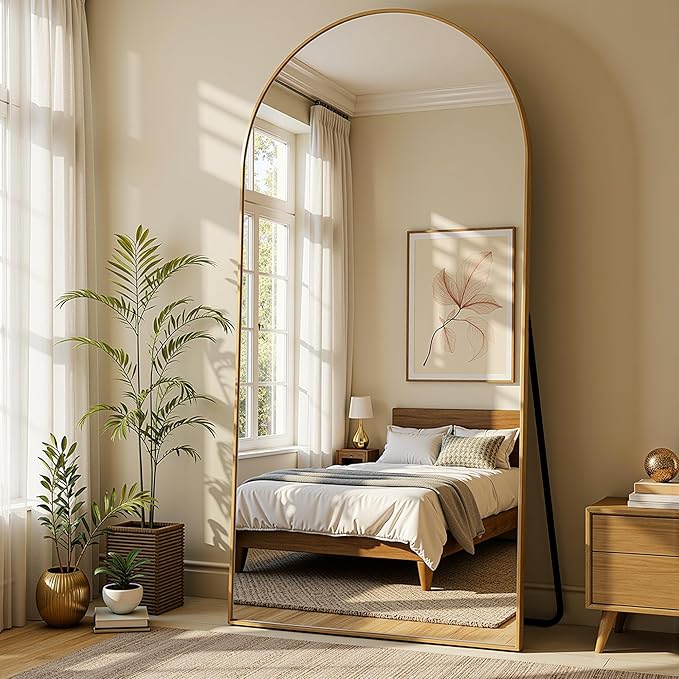 Arched Full Length Mirror 76 x 34 Inch, Full Body Mirror with Stand, Standing Hanging or Leaning Against Wall, Metal Frame Floor Mirror for Bedroom, Living Room, Cloakroom,Gold