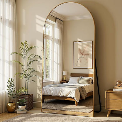 Arched Full Length Mirror 76 x 34 Inch, Full Body Mirror with Stand, Standing Hanging or Leaning Against Wall, Metal Frame Floor Mirror for Bedroom, Living Room, Cloakroom,Gold