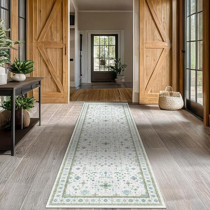 Hazo Haus Oushak 3x10 Wide Hallway Runner Rug - Vintage Turkish Floral, Washable Low Pile Non Slip 10ft Long Runners for Kitchen, Hall Way - Light Blue and Green