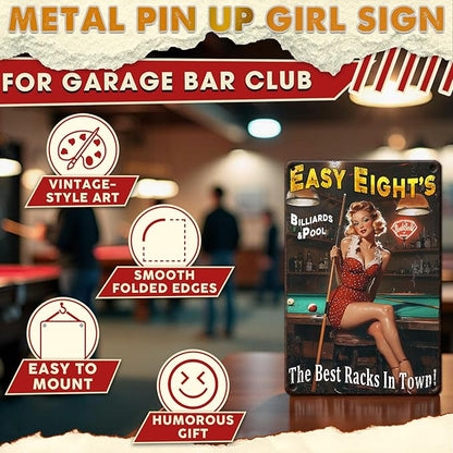 Metal Tin Sign Pin Up Girl Funny Wall Decor Easy Eight‘s Billiard Vintage Room Wall Art Poster for Bar Man Cave Garage Club Decor 8x12 Inch