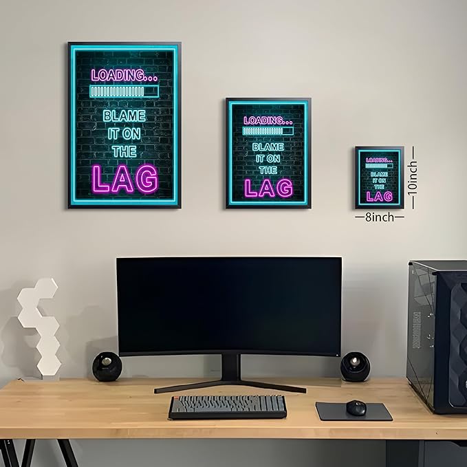 Framed Gamer Wall Art, Boys Game Room Wall Decor Painting, Funny “Blame It On The Lag” Blue Neon Sign Canvas Print Poster, LED Style Loading Screen Game Room Bedroom Decor 8x10 Inch