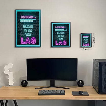 Framed Gamer Wall Art, Boys Game Room Wall Decor Painting, Funny “Blame It On The Lag” Blue Neon Sign Canvas Print Poster, LED Style Loading Screen Game Room Bedroom Decor 8x10 Inch