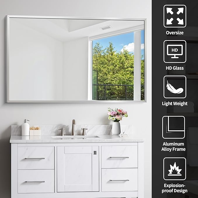 COFENY Silver Bathroom Mirror for Wall, 30x48 Inch Rectangle Mirrors with Metal Frame, Modern Vanity Wall Mirror Decor for Bathroom Living Room, Entryway Hangs Horizontal or Vertical