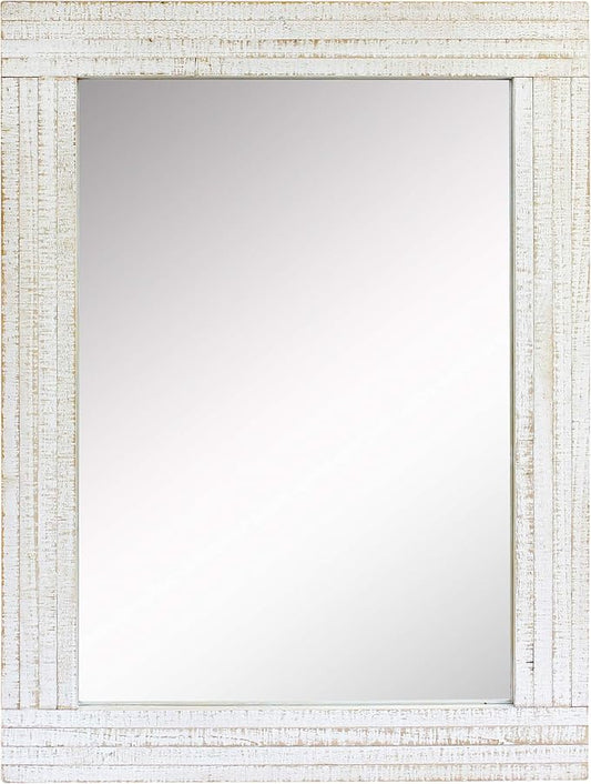 Stonebriar 24" x 18" Rectangle Worn White Wood Frame Wall Mirror with Attached Hanging Brackets, Decorative Country Rustic Decor for the Living Room, Bedroom, Bathroom, Hallway, and Entryway
