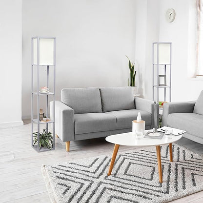 Simple Designs LF1014-GRY Etagere Organizer Storage Shelf Linen Shade Floor Lamp, Gray