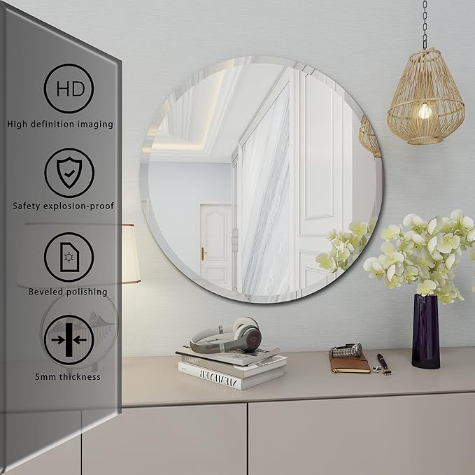 Round Bathroom Mirror, 18 inch Round Frameless Mirror,Frameless Bathroom Mirror, Suitable for Bathroom, Hall, Entry, Modern and Elegant Look (18inch)