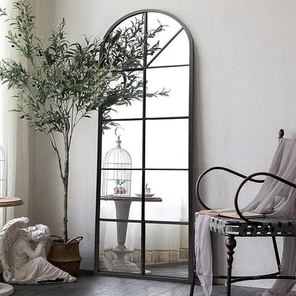 Full Length Mirror, Black Floor Mirror, 64"x21" Arched Window Pane Mirror, Oversize Wall Mirrors, Farmhouse Standing Mirrors with Aluminum Frame Hanging or Leaning for Living Room, No Stand