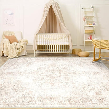 Area Rug 4x6 Vintage Rug: Washable Indoor Medallion Rugs Low Pile Distressed Floor Carpet Retro Accent Rug for Living Room Bedroom Kitchen Dining Table Home Office(Retro Beige, 4'x6')