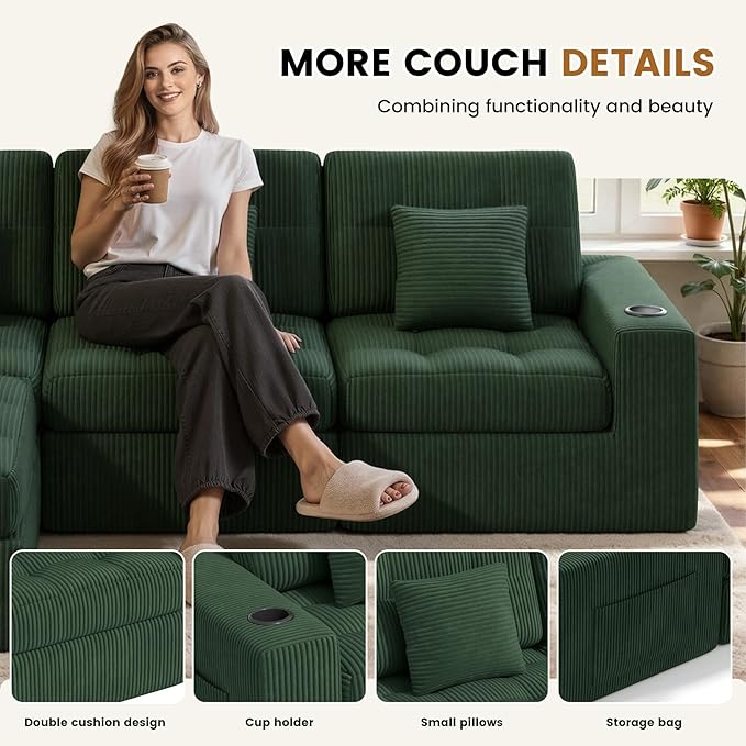 144" U Shaped Cloud Boneless Couch,Modern Modular Sectional Sofa with Layered Cushion,No Assembly Convertible Corduroy Couches for Living Room,Green 1 PCS