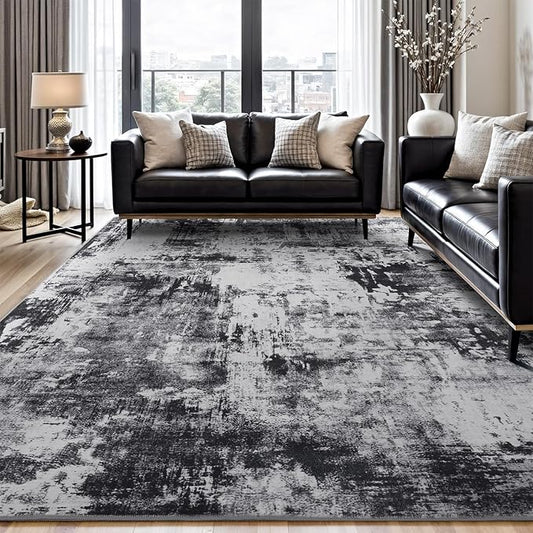 Rugflix 6x9 Area Rugs for Living Room, Washable Large Rug Stain-Resistant Low Pile, Modern Dark Carpet for Dining Room Home Office Kid Room Nursery Bedroom, Black Grey