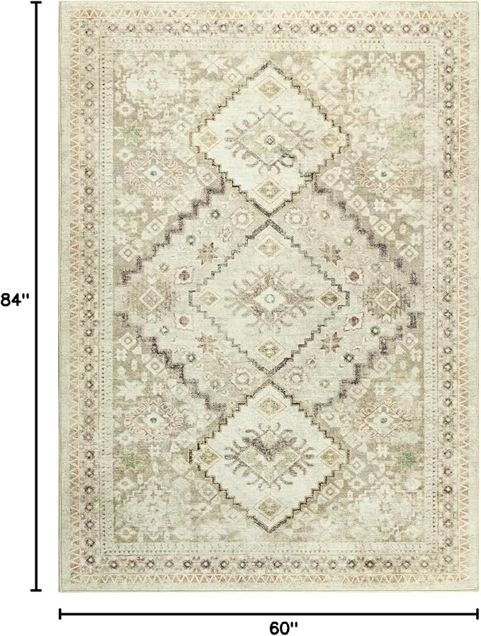 YOH Boho Washable Rug 5x7, Beige Grey Vintage Non Slip Area Rug, Distressed Indoor Carpet for Living Room Bedroom Kitchen Office