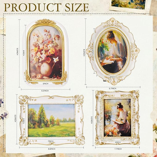 Geetery 4 Pcs Vintage Picture Frames Set, White Ornate Baroque Frames for Gallery Wall, Antique Victorian Decorative Photo Frame for Tabletop or Wall Display, Shabby Cottagecore Home Decor
