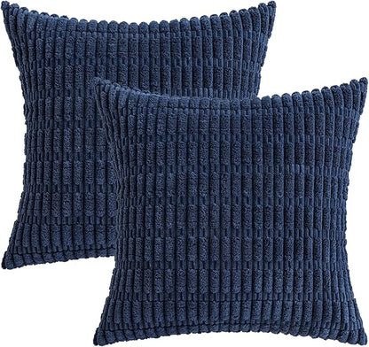 MIULEE Pack of 2 Corduroy Decorative Throw Pillow Covers 16x16 Inch Soft Boho Striped Pillow Covers Modern Farmhouse Home Decor for Summer Coastal Sofa Living Room Couch Bed Dark Blue