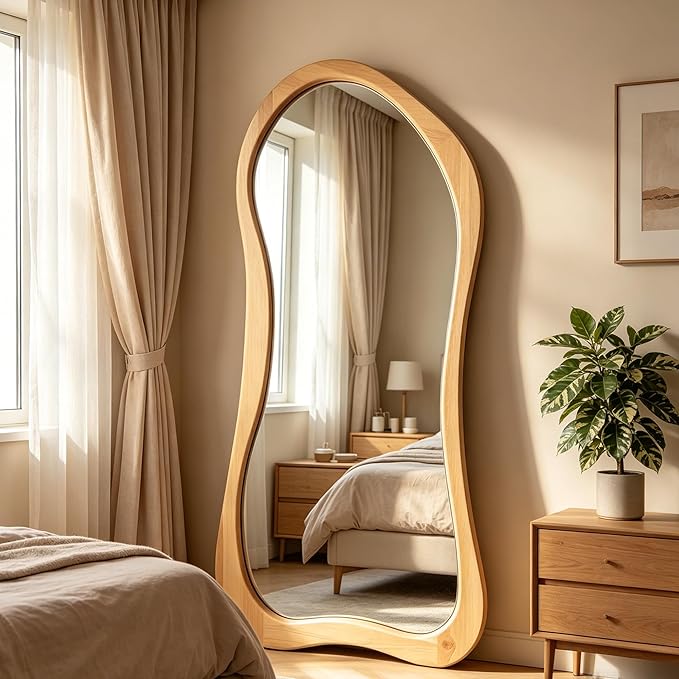 Irregular Full Length Mirror, 71"x33.5" Asymmetrical Full Body Mirrors with Solid Wood Frame, Premium Oversized Organic Floor Mirror for Living Room Entryway Cloakroom, Leaning/Hanging