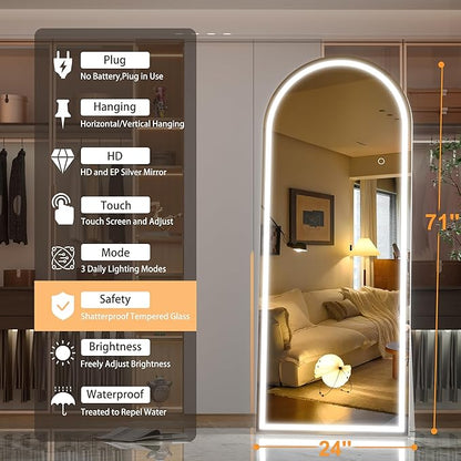Hasipu 71" x 24" Led Mirror Full Length, Arch Full Length Mirror with Lights, Full Body Glass Mirror with Stand and LED,Tempered Glass,Shatter-Proof, Dimming & 3 Color Modes for Bedroom Cloakroom-UL