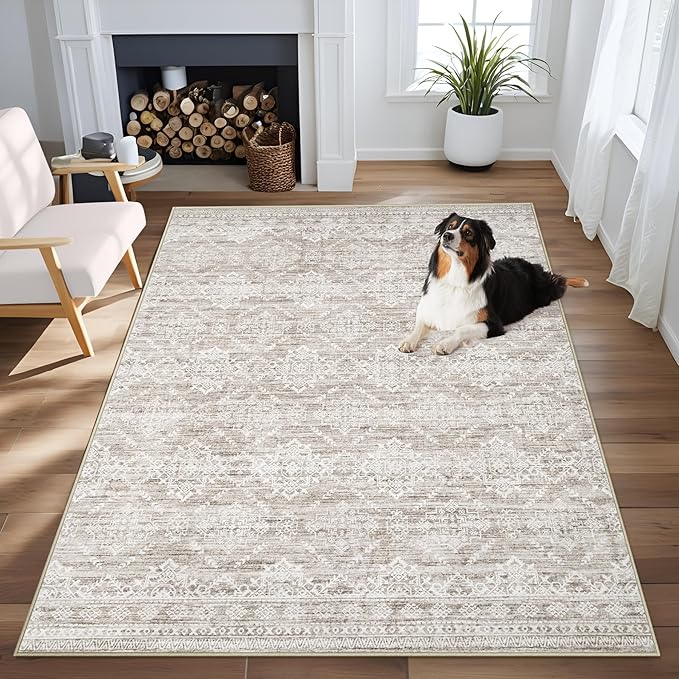 Area Rug 4x6 Geometric Rug: Washable Boho Moroccan Rugs Soft Farmhouse Rug, Modern Neutral Stain Resistant Indoor Floor Carpet for Livingroom Bedroom Dining Table Nursery(Ivory Mocha,4'x6')