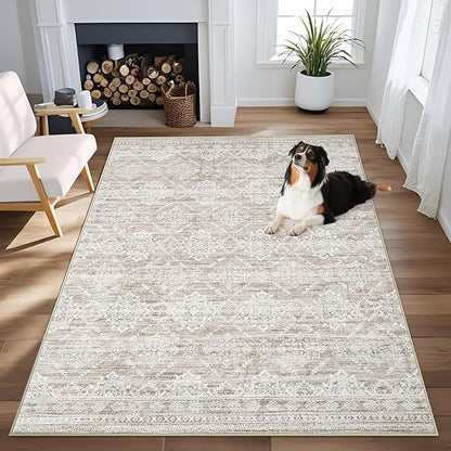 Area Rug 4x6 Geometric Rug: Washable Boho Moroccan Rugs Soft Farmhouse Rug, Modern Neutral Stain Resistant Indoor Floor Carpet for Livingroom Bedroom Dining Table Nursery(Ivory Mocha,4'x6')